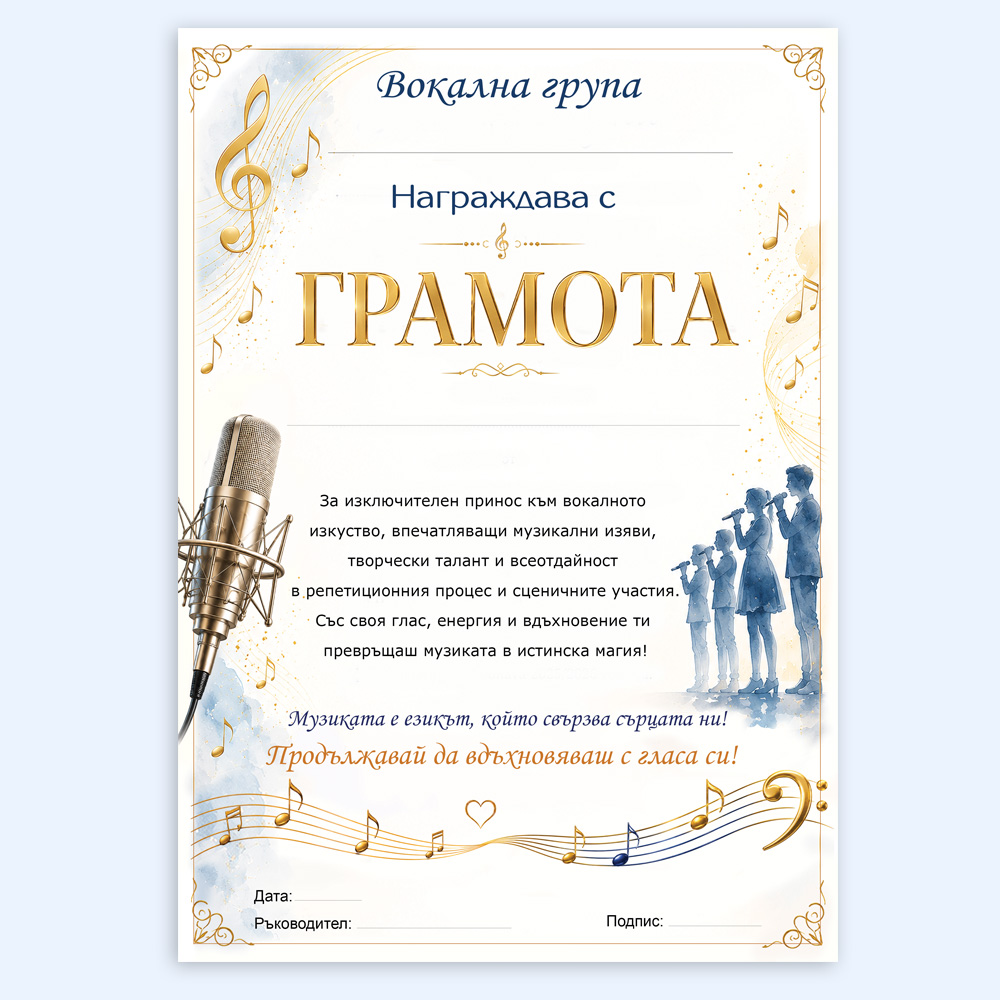 Музикална грамота от вокална група за вокални постижения, А4 4 Музикална грамота от вокална група за вокални постижения, А4 - Image 4