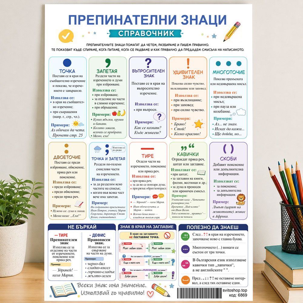 Учебно помагало по български език Препинателни знаци, А4 или А3 формат