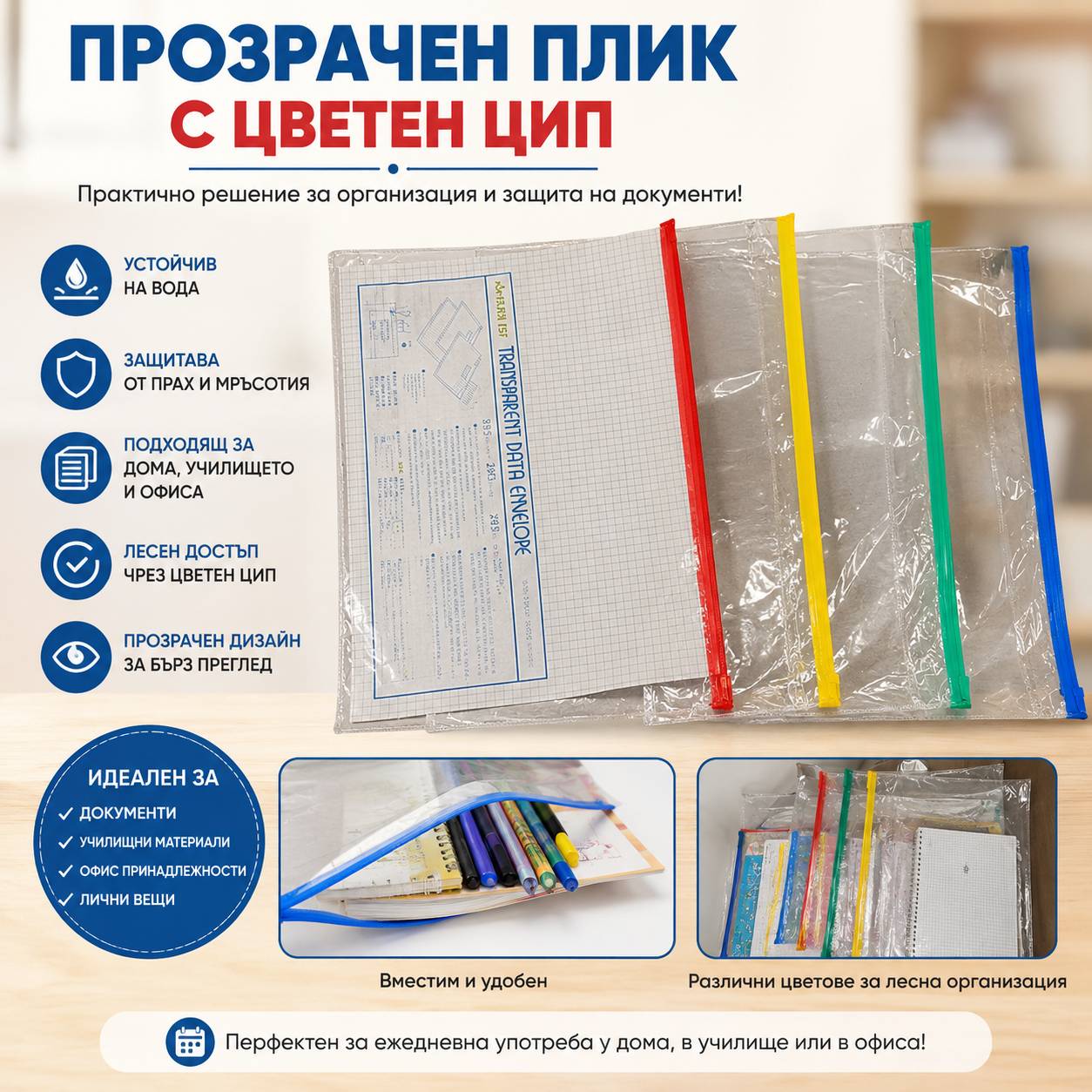 Прозрачна PVC папка с цветен цип - Папка за документи и учебни материали, B4 формат 2 Прозрачна PVC папка с цветен цип - Папка за документи и учебни материали, B4 формат - Image 2