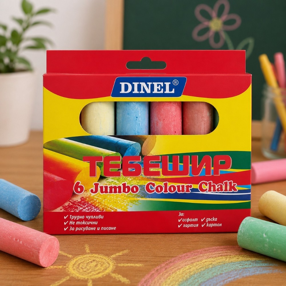 Цветни тебешири DINEL Jumbo – комплект 6 броя за рисуване на дъска и асфалт 2 Цветни тебешири DINEL Jumbo – комплект 6 броя за рисуване на дъска и асфалт - Image 2