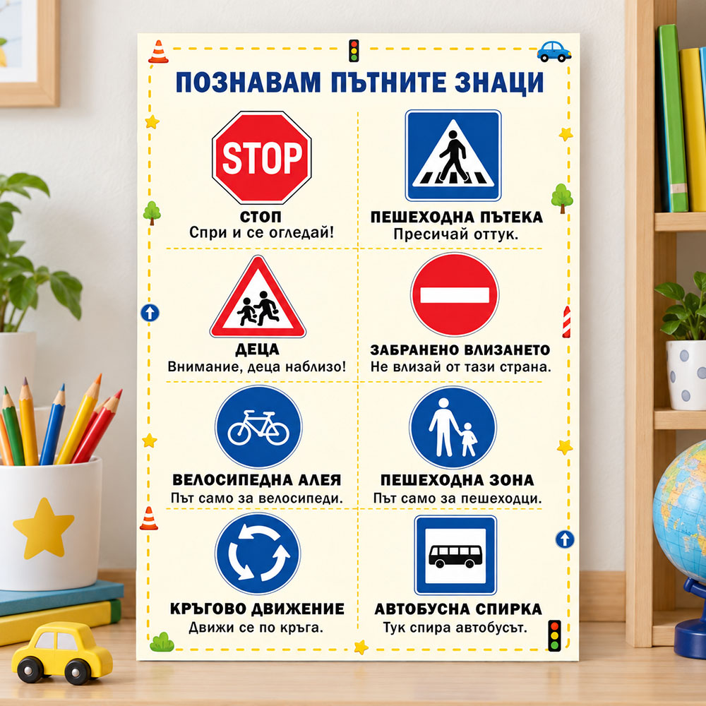 Образователно табло Познавам пътните знаци – учебен плакат за детска градина и училище, А3 формат