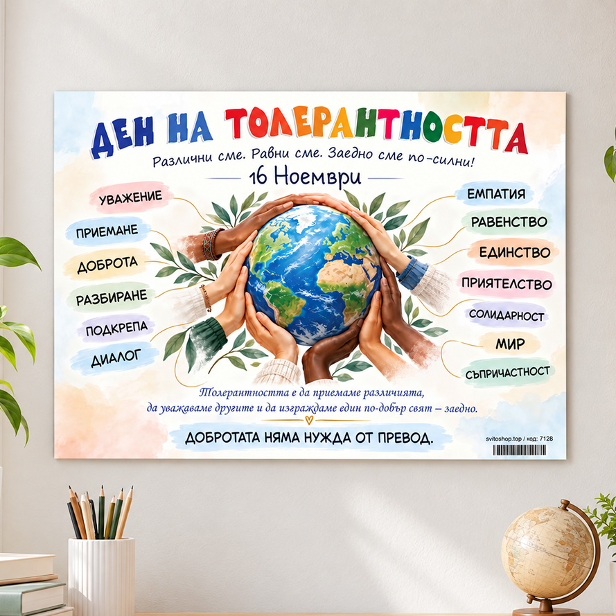 Табло Ден на толерантността – 16 ноември за училище и детска градина, А3, ламинирано